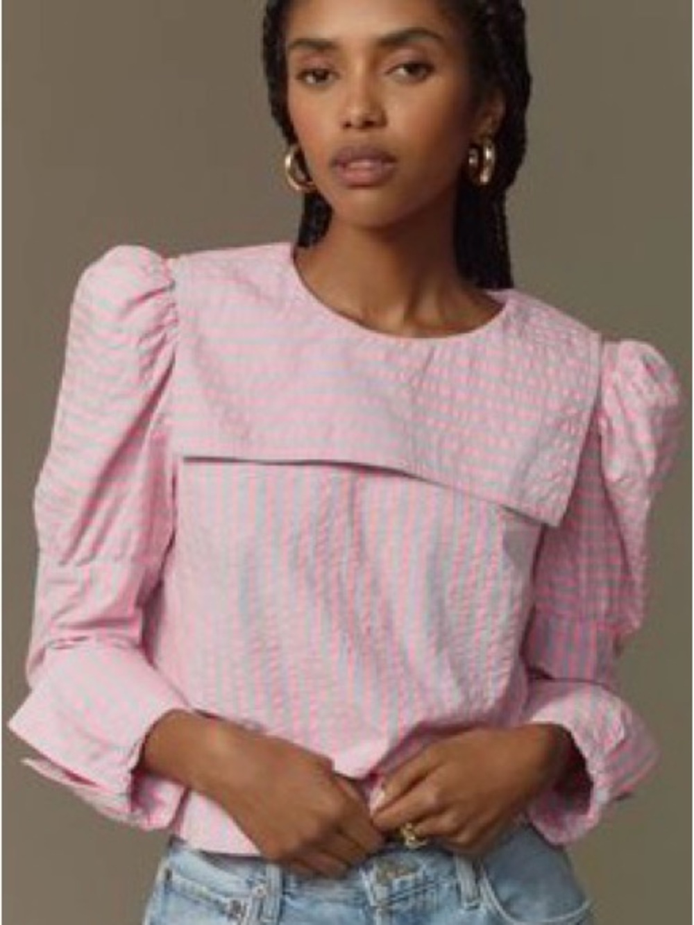 Maeve Pink Seersucker Puff-Sleeve Blouse